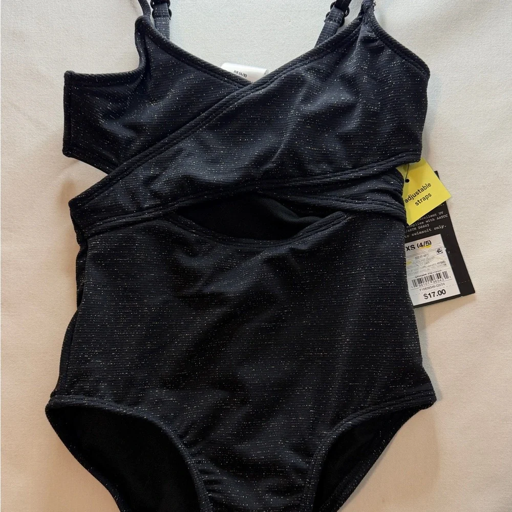 Art Class Girls Black Glitter One Piece Swimsuit XS 4/5 NWT UPF 50+